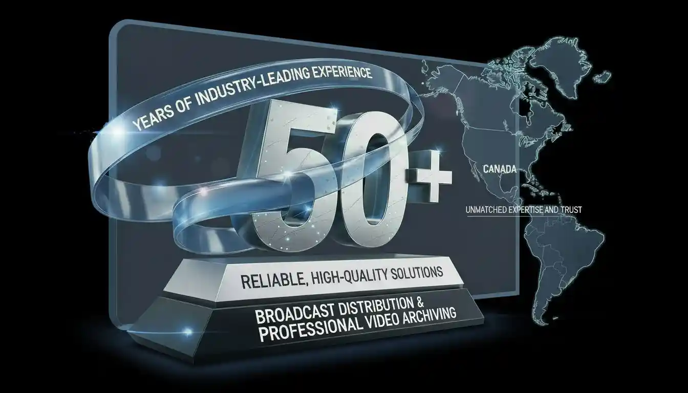 The most prominent card features a large, angular orange shape in the center right, resembling a speech bubble or a pointed label, containing the white text, "50 years of industry leading experience.